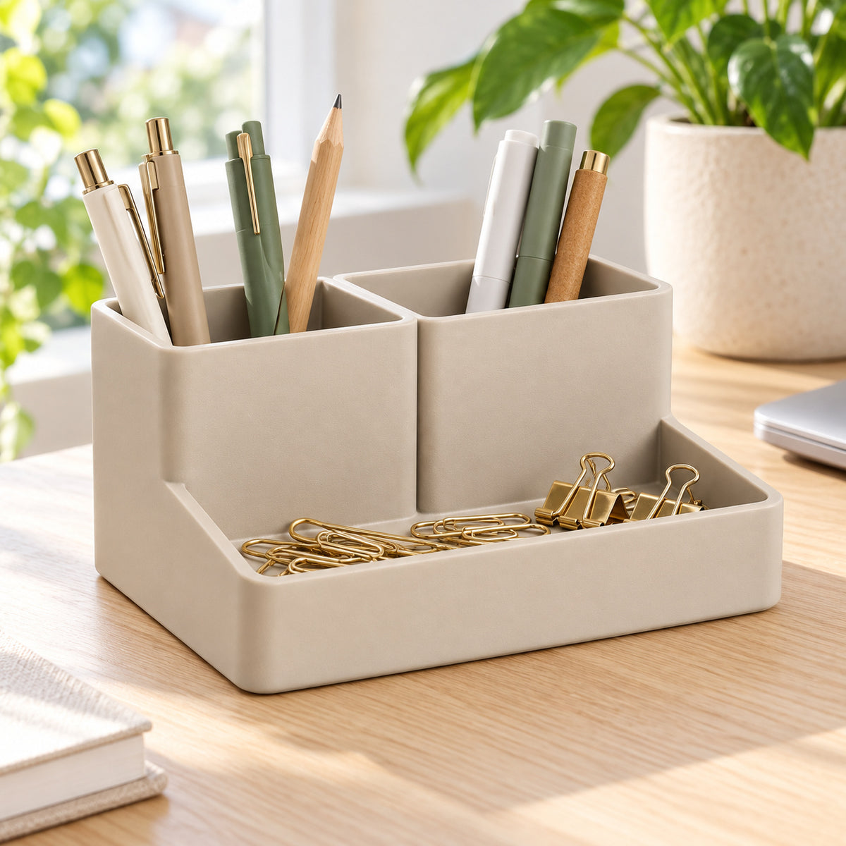 Beige bureau-organizer met drie vakken, 24 × 14 × 12 cm