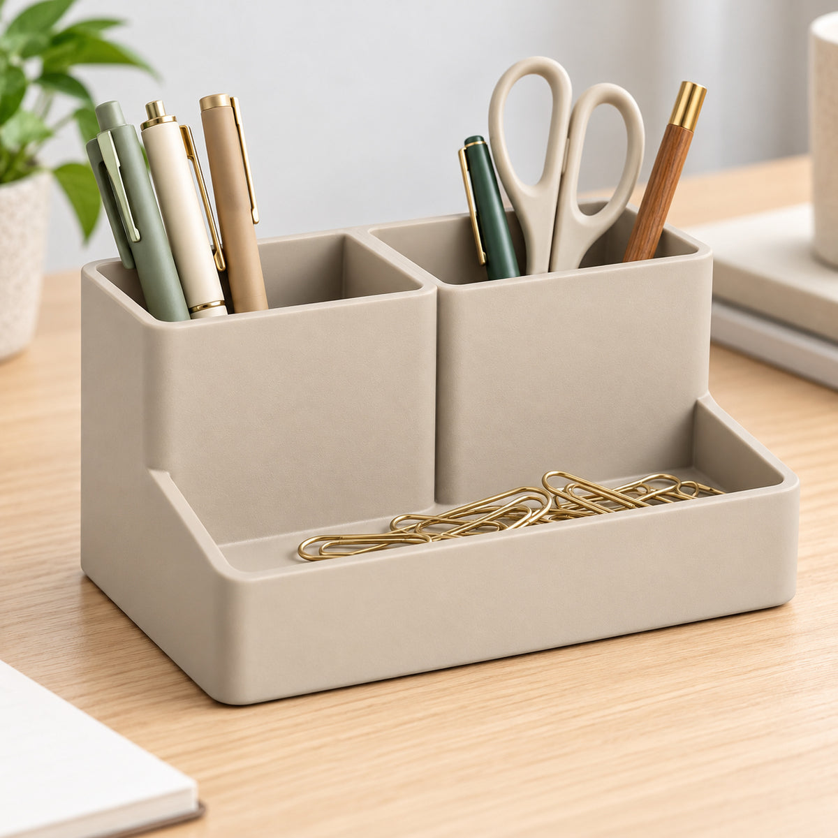 Beige bureau-organizer met drie vakken, 24 × 14 × 12 cm