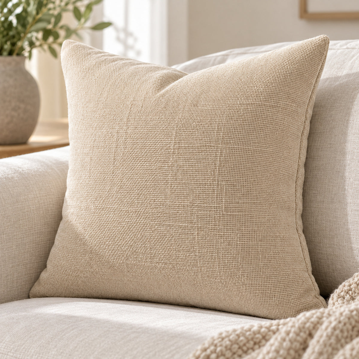 Beige kussenhoes met geweven structuur, 45 × 45 cm