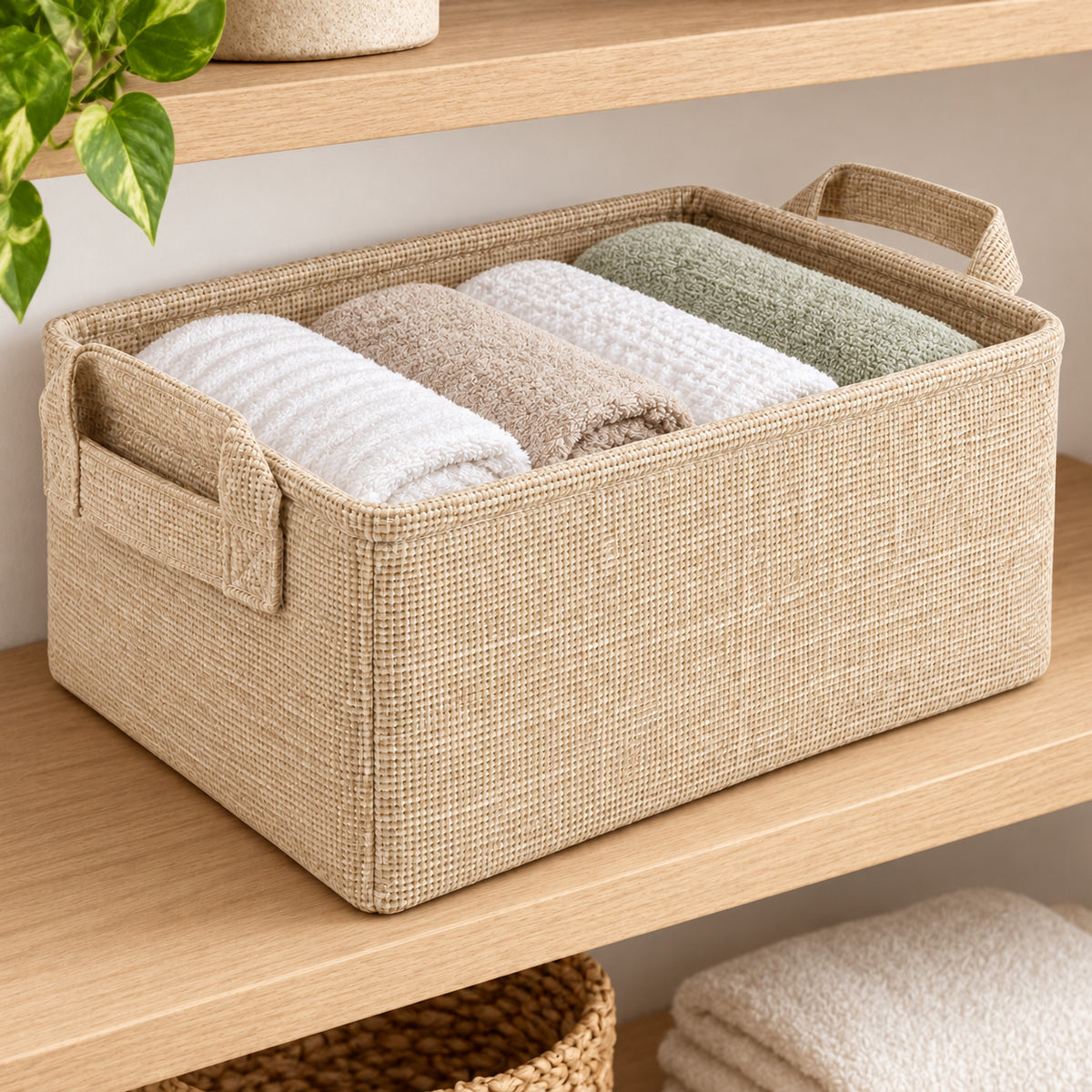 Beige stoffen opbergmand met twee handgrepen, 40 × 30 × 25 cm