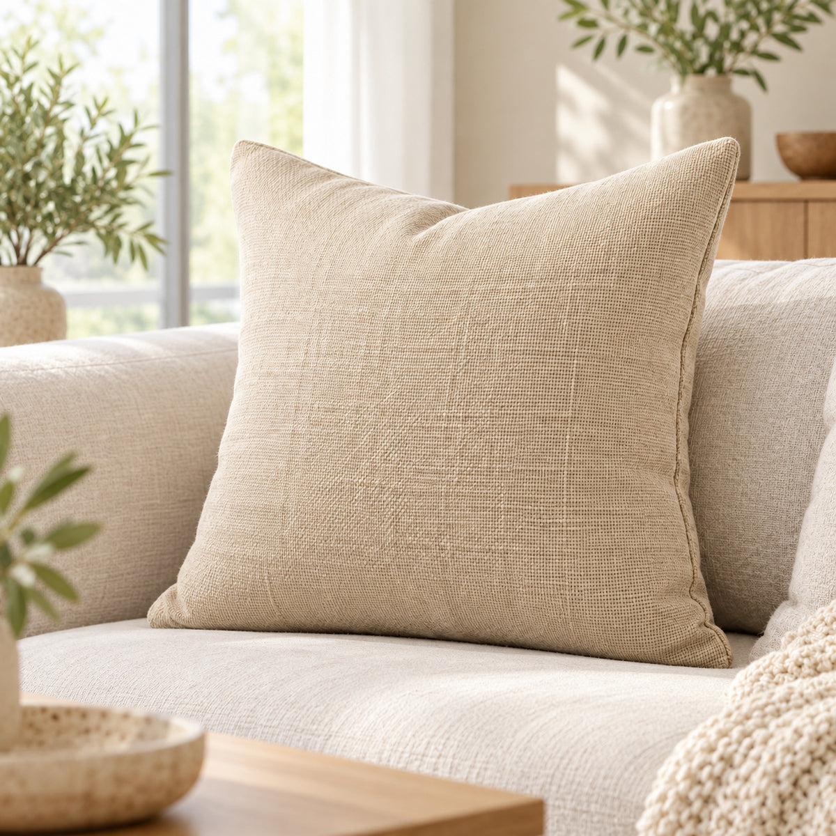 Beige kussenhoes met geweven structuur, 45 × 45 cm