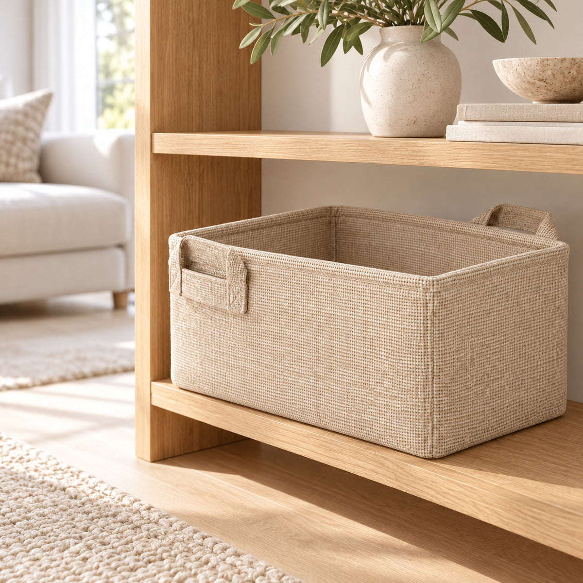 Beige stoffen opbergmand met twee handgrepen, 40 × 30 × 25 cm