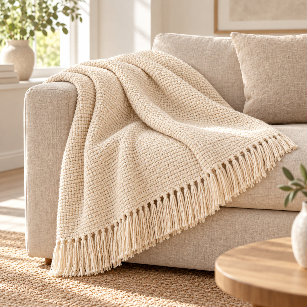 Ivoorkleurige geweven plaid met franjes, 130 × 170 cm